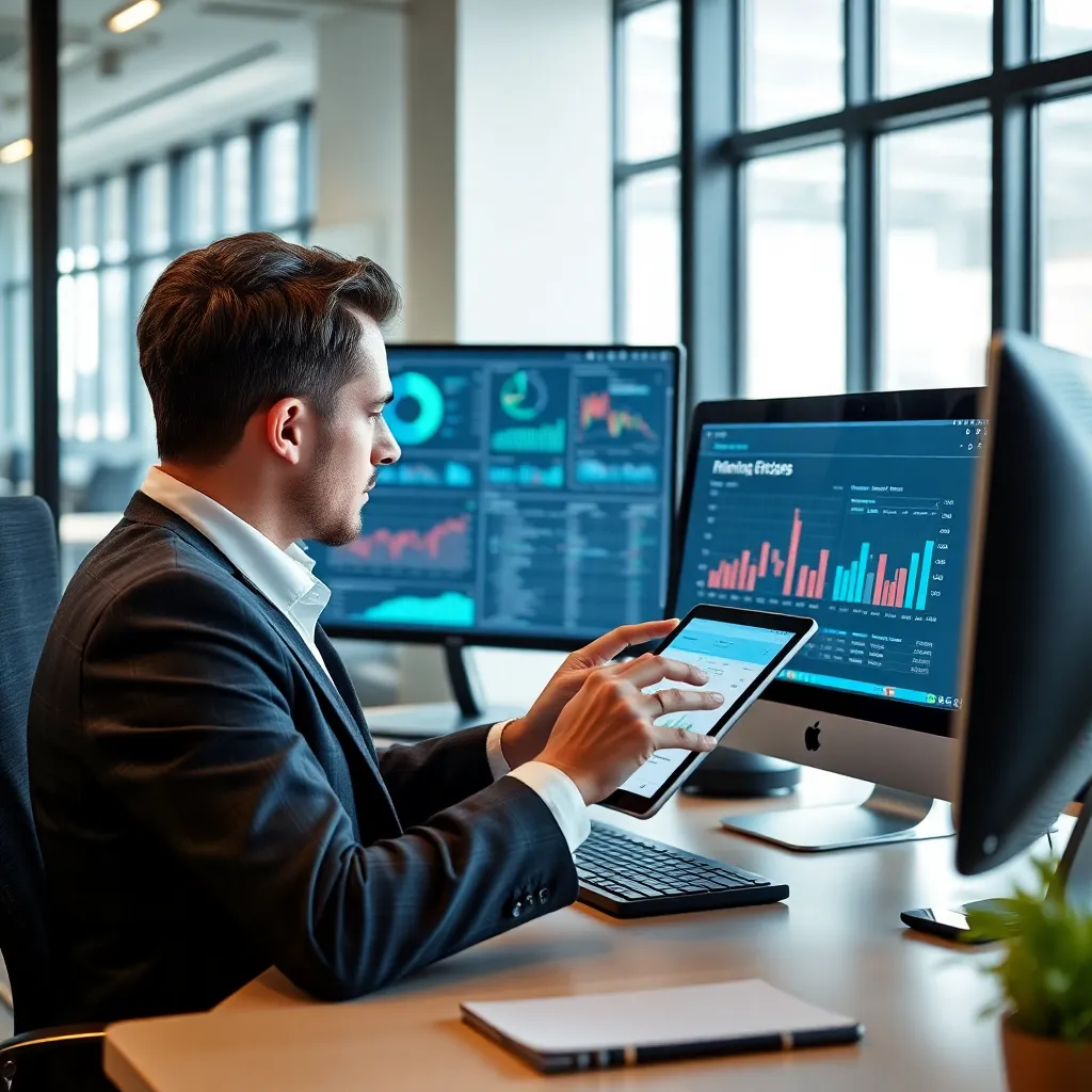 Nederlandse ondernemer die belastingdocumenten bekijkt op kantoor